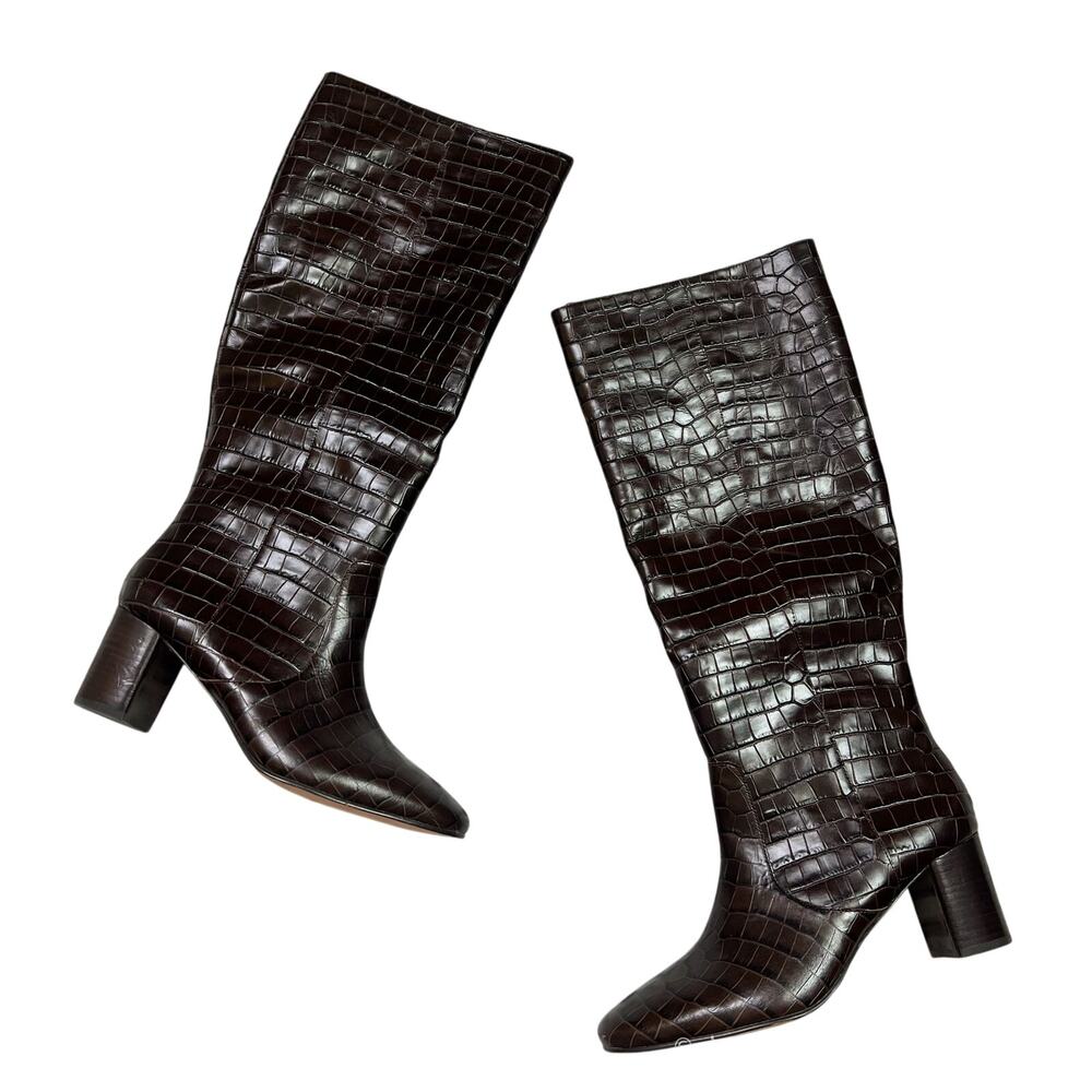 J. Crew | Willa Croc Embossed Chocolate Brown Knee High Leather Heeled Boots 9